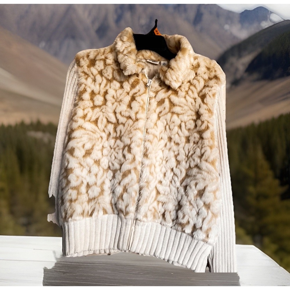 Cato Women's Faux Fur Leopard Print Zip Up Sweater Vest XL Cream Brown